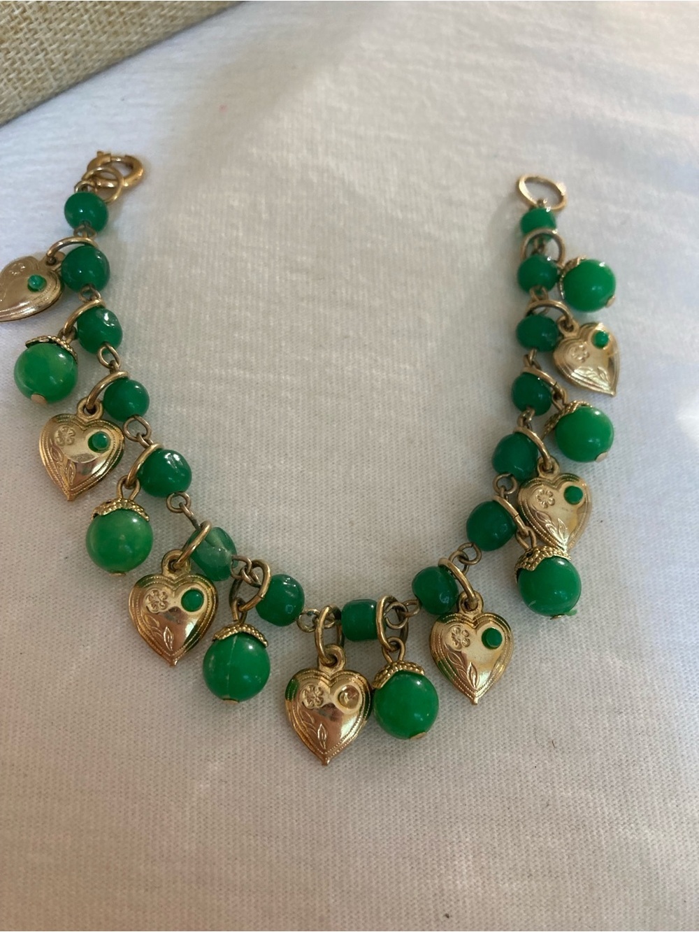 Hearts and Green Beads Vintage Charm Bracelet